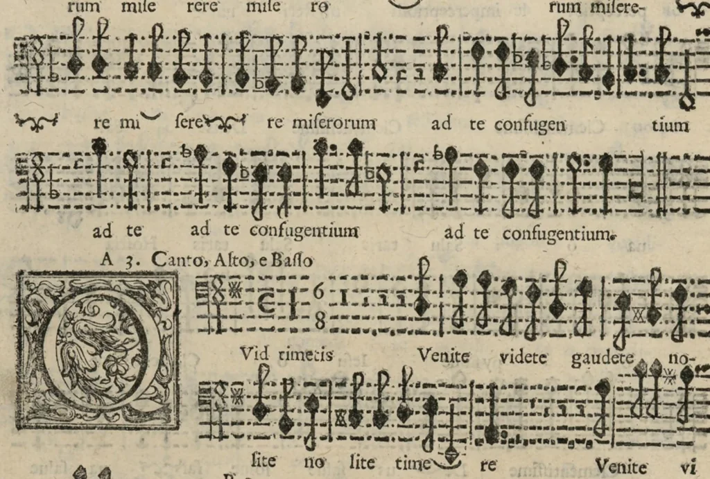An illustration from Basso. Harmonia d'affetti devoti a due, tre, e quatro voci consagrata all'altezza serenissima del signor prencipe Alessandro Farnesi di Parma, da Giovanni Legrenzi, primo organista di S. Maria Maggiore di Bergamo et accademico eccitato. Libro primo, opera terza., 1655, leaf 19