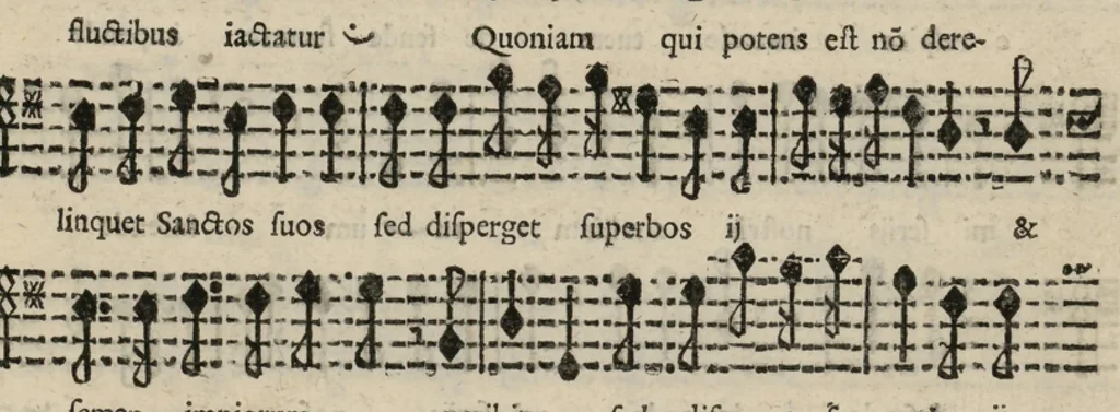 An illustration from Basso. Harmonia d'affetti devoti a due, tre, e quatro voci consagrata all'altezza serenissima del signor prencipe Alessandro Farnesi di Parma, da Giovanni Legrenzi, primo organista di S. Maria Maggiore di Bergamo et accademico eccitato. Libro primo, opera terza., 1655, leaf 24