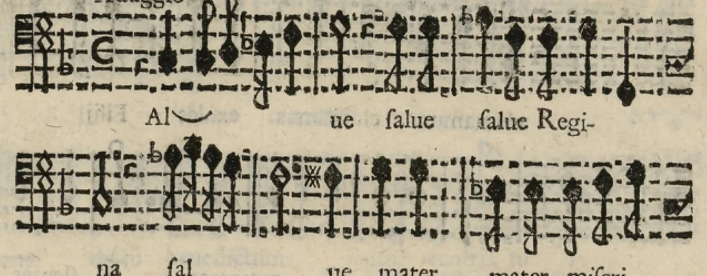 An illustration from Basso. Harmonia d'affetti devoti a due, tre, e quatro voci consagrata all'altezza serenissima del signor prencipe Alessandro Farnesi di Parma, da Giovanni Legrenzi, primo organista di S. Maria Maggiore di Bergamo et accademico eccitato. Libro primo, opera terza., 1655, leaf 26