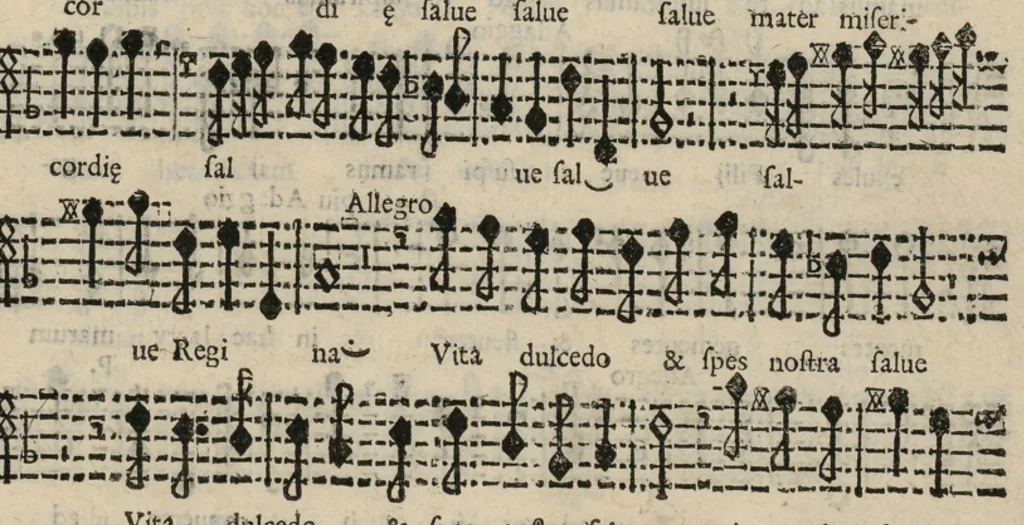 An illustration from Basso. Harmonia d'affetti devoti a due, tre, e quatro voci consagrata all'altezza serenissima del signor prencipe Alessandro Farnesi di Parma, da Giovanni Legrenzi, primo organista di S. Maria Maggiore di Bergamo et accademico eccitato. Libro primo, opera terza., 1655, leaf 26