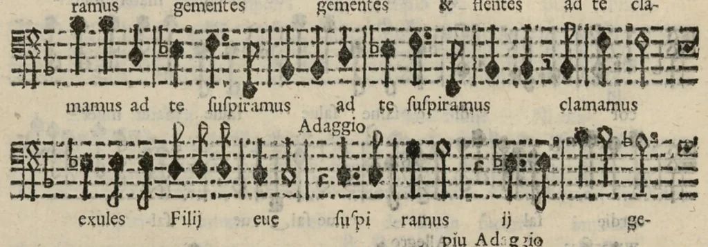 An illustration from Basso. Harmonia d'affetti devoti a due, tre, e quatro voci consagrata all'altezza serenissima del signor prencipe Alessandro Farnesi di Parma, da Giovanni Legrenzi, primo organista di S. Maria Maggiore di Bergamo et accademico eccitato. Libro primo, opera terza., 1655, leaf 27