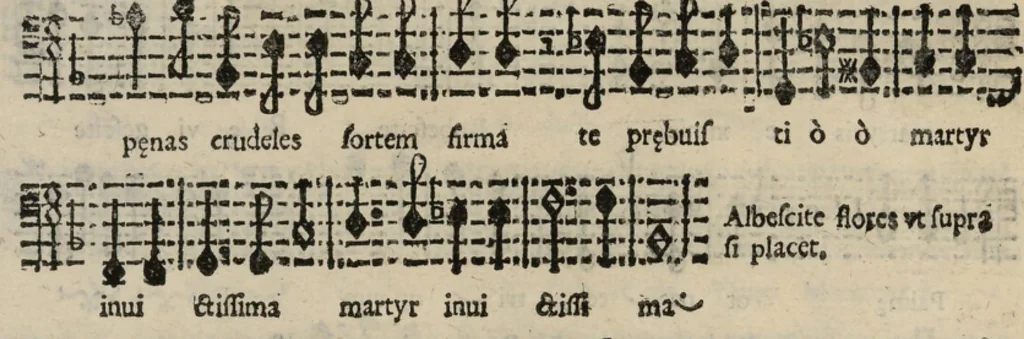 An illustration from Basso. Harmonia d'affetti devoti a due, tre, e quatro voci consagrata all'altezza serenissima del signor prencipe Alessandro Farnesi di Parma, da Giovanni Legrenzi, primo organista di S. Maria Maggiore di Bergamo et accademico eccitato. Libro primo, opera terza., 1655, leaf 31