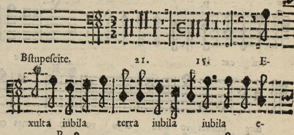 An illustration from Basso. Harmonia d'affetti devoti a due, tre, e quatro voci consagrata all'altezza serenissima del signor prencipe Alessandro Farnesi di Parma, da Giovanni Legrenzi, primo organista di S. Maria Maggiore di Bergamo et accademico eccitato. Libro primo, opera terza., 1655, leaf 35
