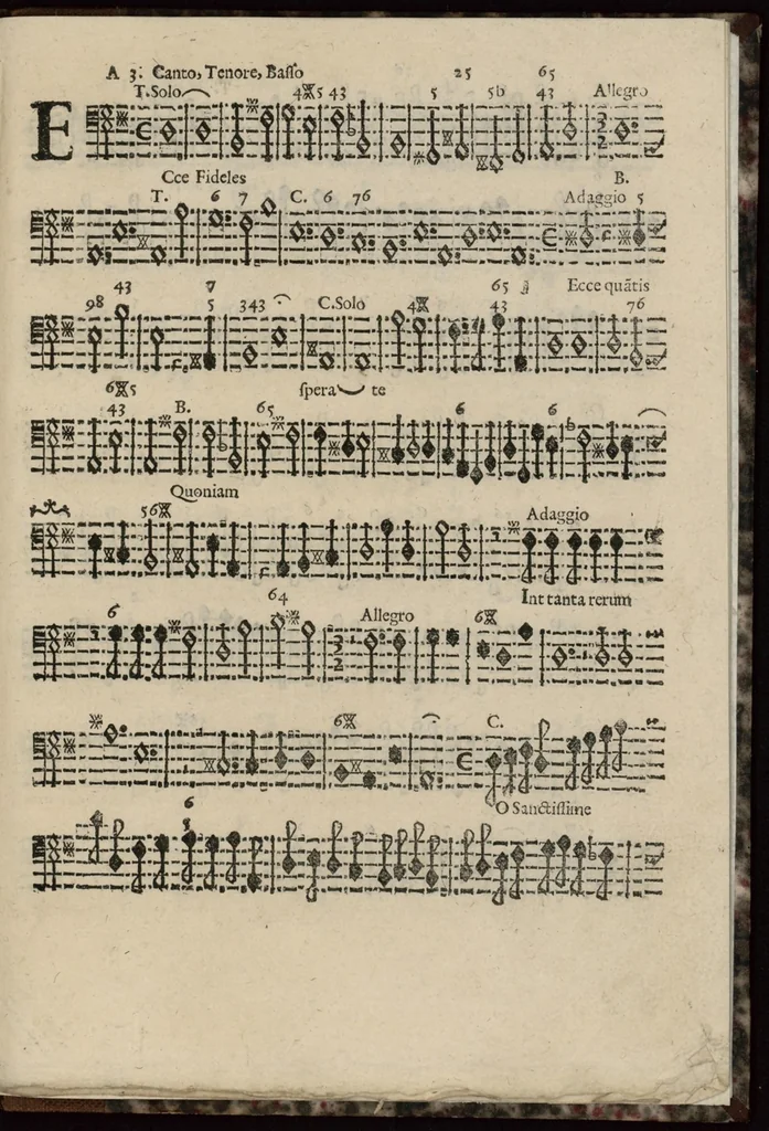 An illustration from Basso continuo. Harmonia d'affetti devoti a due, tre, e quatro voci consagrata all'altezza serenissima del signor prencipe Alessandro Farnesi di Parma, da Giovanni Legrenzi, primo organista di S. Maria Maggiore di Bergamo et accademico eccitato. Libro primo, opera terza., 1655, leaf 30