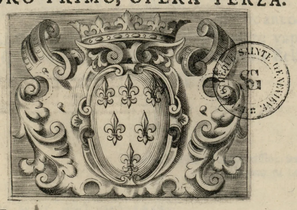 An illustration from Basso continuo. Harmonia d'affetti devoti a due, tre, e quatro voci consagrata all'altezza serenissima del signor prencipe Alessandro Farnesi di Parma, da Giovanni Legrenzi, primo organista di S. Maria Maggiore di Bergamo et accademico eccitato. Libro primo, opera terza., 1655, leaf 6