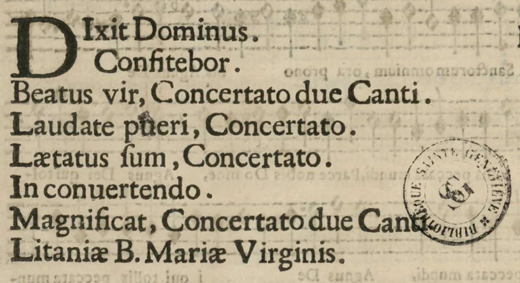 An illustration from Cantus. Davidica psalmodia vespertina integra, & bipartita, in totius anni festivitatibus quaternis vocibus ad novum ecclesiasticum modum, una cum litaniis beatæ Mariæ Virginis decantanda, et gravi ad organum parte depulsanda a Dominico Massentio ex Roncilione. S. Mariæ in Via Lata Beneficiatorum Collegii, decano primario. Nuper composita, et in lucem edita. Liber septimus, opus XVII., 1643, leaf 29
