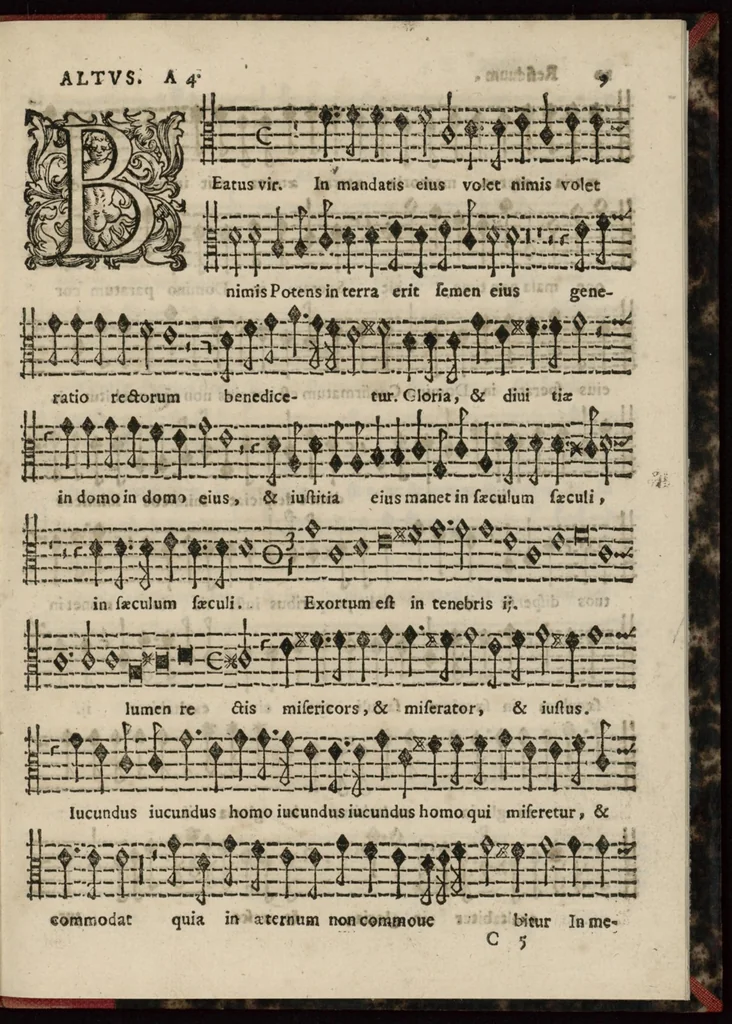 An illustration from Altus. Davidica psalmodia vespertina integra, & bipartita, in totius anni festivitatibus quaternis vocibus ad novum ecclesiasticum modum, una cum litaniis beatæ Mariæ Virginis decantanda, et gravi ad organum parte depulsanda a Dominico Massentio ex Roncilione. S. Mariæ in Via Lata Beneficiatorum Collegii, decano primario. Nuper composita, et in lucem edita. Liber septimus, opus XVII., 1643, leaf 14