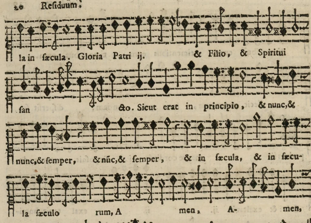 An illustration from Tenor. Davidica psalmodia vespertina integra, & bipartita, in totius anni festivitatibus quaternis vocibus ad novum ecclesiasticum modum, una cum litaniis beatæ Mariæ Virginis decantanda, et gravi ad organum parte depulsanda a Dominico Massentio ex Roncilione. S. Mariæ in Via Lata Beneficiatorum Collegii, decano primario. Nuper composita, et in lucem edita. Liber septimus, opus XVII., 1643, leaf 25