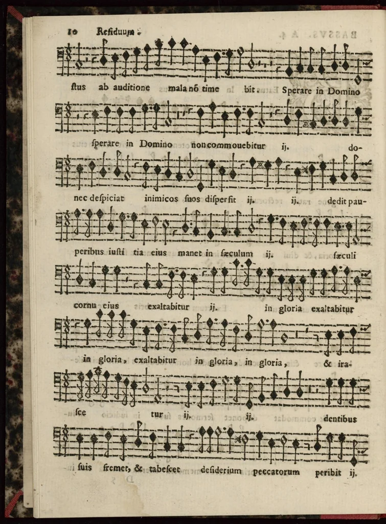 An illustration from Bassus. Davidica psalmodia vespertina integra, & bipartita, in totius anni festivitatibus quaternis vocibus ad novum ecclesiasticum modum, una cum litaniis beatæ Mariæ Virginis decantanda, et gravi ad organum parte depulsanda a Dominico Massentio ex Roncilione. S. Mariæ in Via Lata Beneficiatorum Collegii, decano primario. Nuper composita, et in lucem edita. Liber septimus, opus XVII., 1643, leaf 15