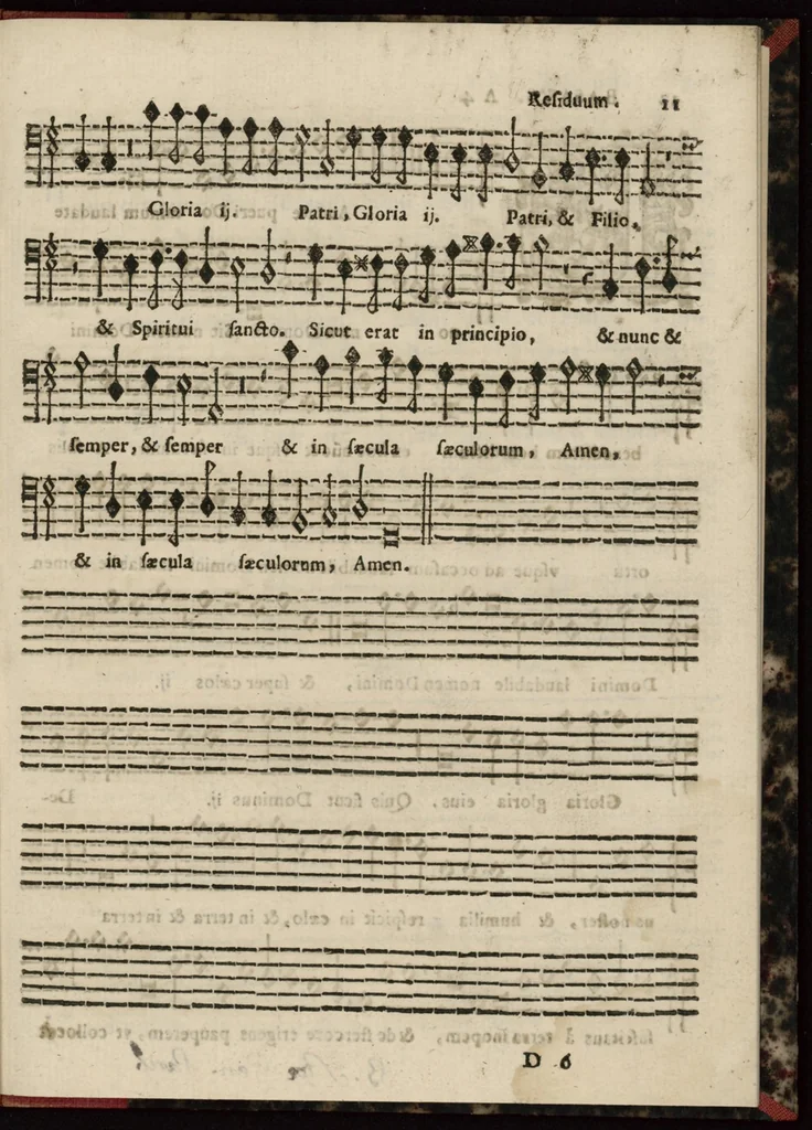 An illustration from Bassus. Davidica psalmodia vespertina integra, & bipartita, in totius anni festivitatibus quaternis vocibus ad novum ecclesiasticum modum, una cum litaniis beatæ Mariæ Virginis decantanda, et gravi ad organum parte depulsanda a Dominico Massentio ex Roncilione. S. Mariæ in Via Lata Beneficiatorum Collegii, decano primario. Nuper composita, et in lucem edita. Liber septimus, opus XVII., 1643, leaf 16