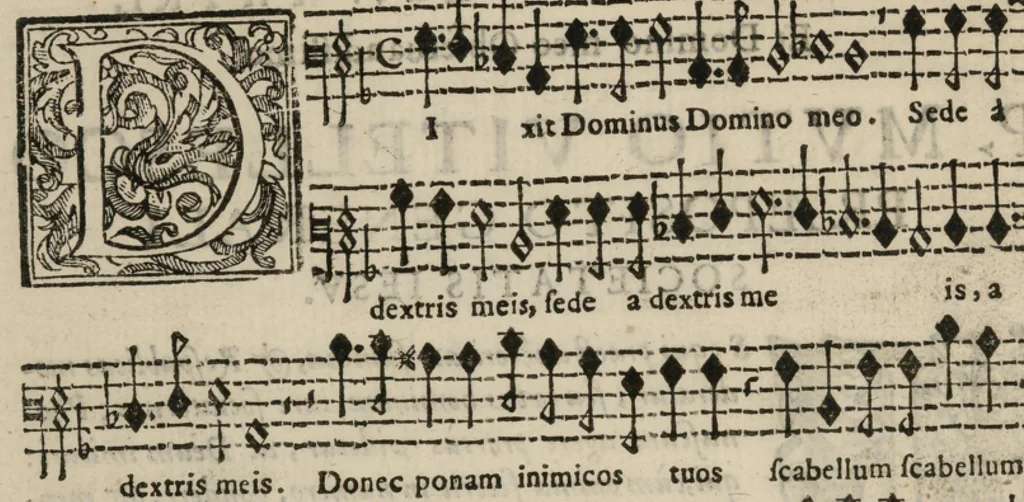 An illustration from Bassus. Davidica psalmodia vespertina integra, & bipartita, in totius anni festivitatibus quaternis vocibus ad novum ecclesiasticum modum, una cum litaniis beatæ Mariæ Virginis decantanda, et gravi ad organum parte depulsanda a Dominico Massentio ex Roncilione. S. Mariæ in Via Lata Beneficiatorum Collegii, decano primario. Nuper composita, et in lucem edita. Liber septimus, opus XVII., 1643, leaf 9