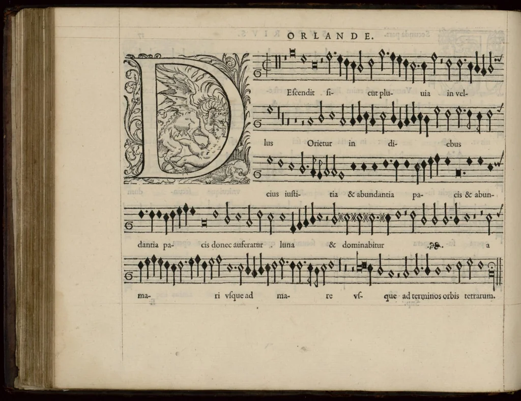 An illustration from Superius. Moduli quinis vocibus nunquam hactenus editi monachii Boioariae compositi, Orlando Lasso auctore., 1571, leaf 43