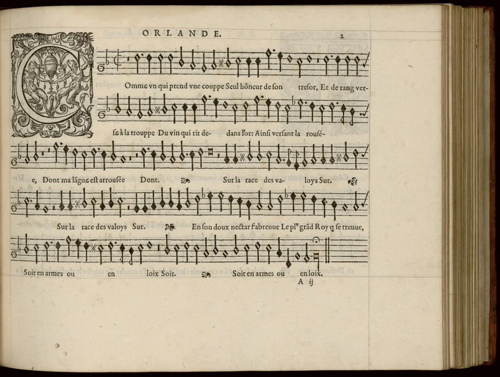An illustration from Superius. Livre de chansons a cinc parties : avec deux dialogues : a huit. D'Orlande de Lassus., 1581, leaf 10