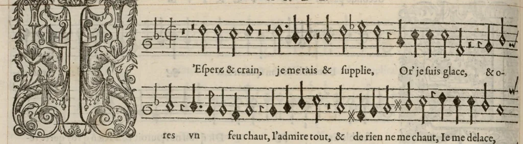An illustration from Superius. Livre de chansons a cinc parties : avec deux dialogues : a huit. D'Orlande de Lassus., 1581, leaf 13