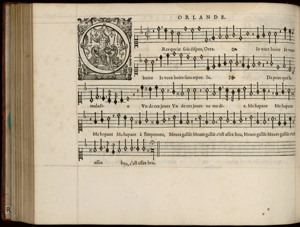 An illustration from Superius. Livre de chansons a cinc parties : avec deux dialogues : a huit. D'Orlande de Lassus., 1581, leaf 17