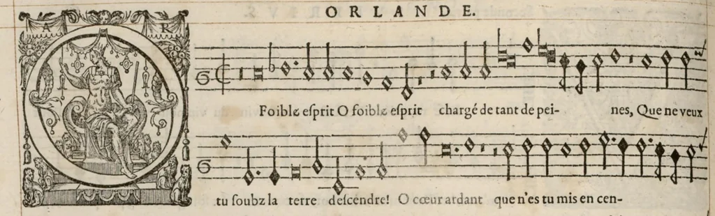 An illustration from Superius. Livre de chansons a cinc parties : avec deux dialogues : a huit. D'Orlande de Lassus., 1581, leaf 19