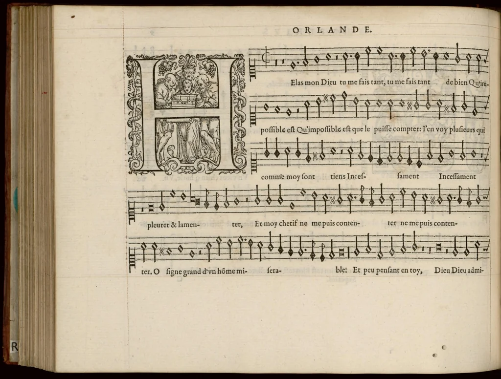 An illustration from Superius. Livre de chansons a cinc parties : avec deux dialogues : a huit. D'Orlande de Lassus., 1581, leaf 25