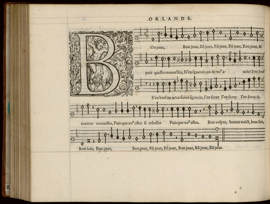 An illustration from Superius. Livre de chansons a cinc parties : avec deux dialogues : a huit. D'Orlande de Lassus., 1581, leaf 27