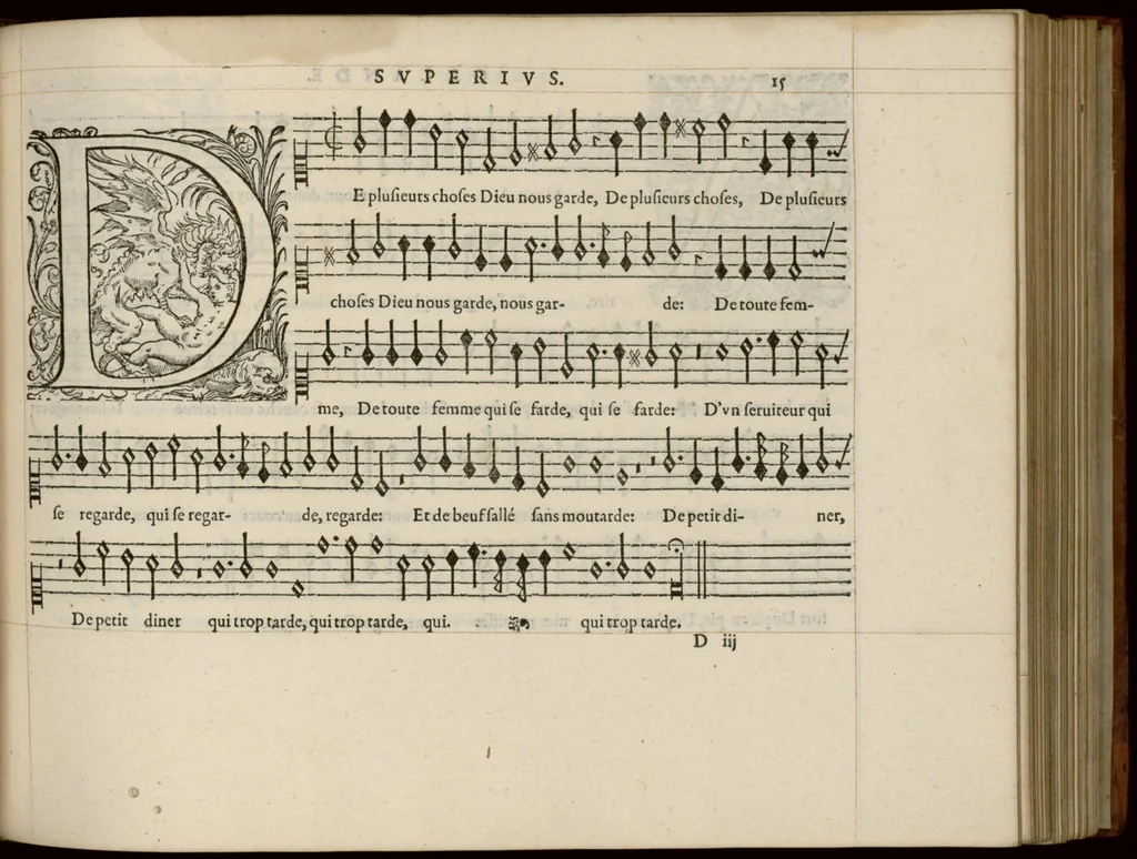 An illustration from Superius. Livre de chansons a cinc parties : avec deux dialogues : a huit. D'Orlande de Lassus., 1581, leaf 36