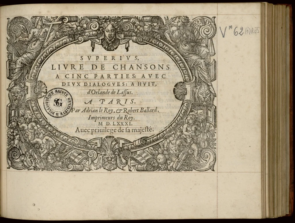 An illustration from Superius. Livre de chansons a cinc parties : avec deux dialogues : a huit. D'Orlande de Lassus., 1581, leaf 8