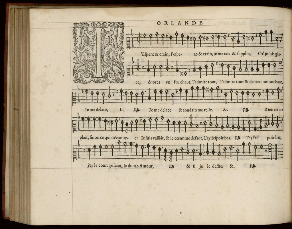 An illustration from Contra. Livre de chansons a cinc parties : avec deux dialogues : a huit. D'Orlande de Lassus., 1581, leaf 13