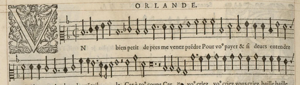 An illustration from Contra. Livre de chansons a cinc parties : avec deux dialogues : a huit. D'Orlande de Lassus., 1581, leaf 15