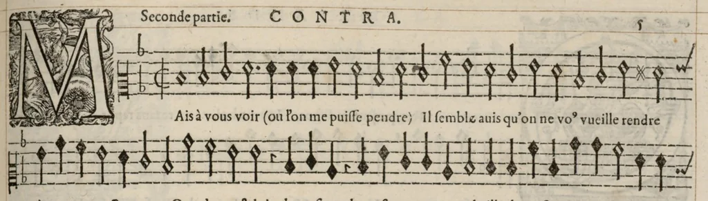 An illustration from Contra. Livre de chansons a cinc parties : avec deux dialogues : a huit. D'Orlande de Lassus., 1581, leaf 16