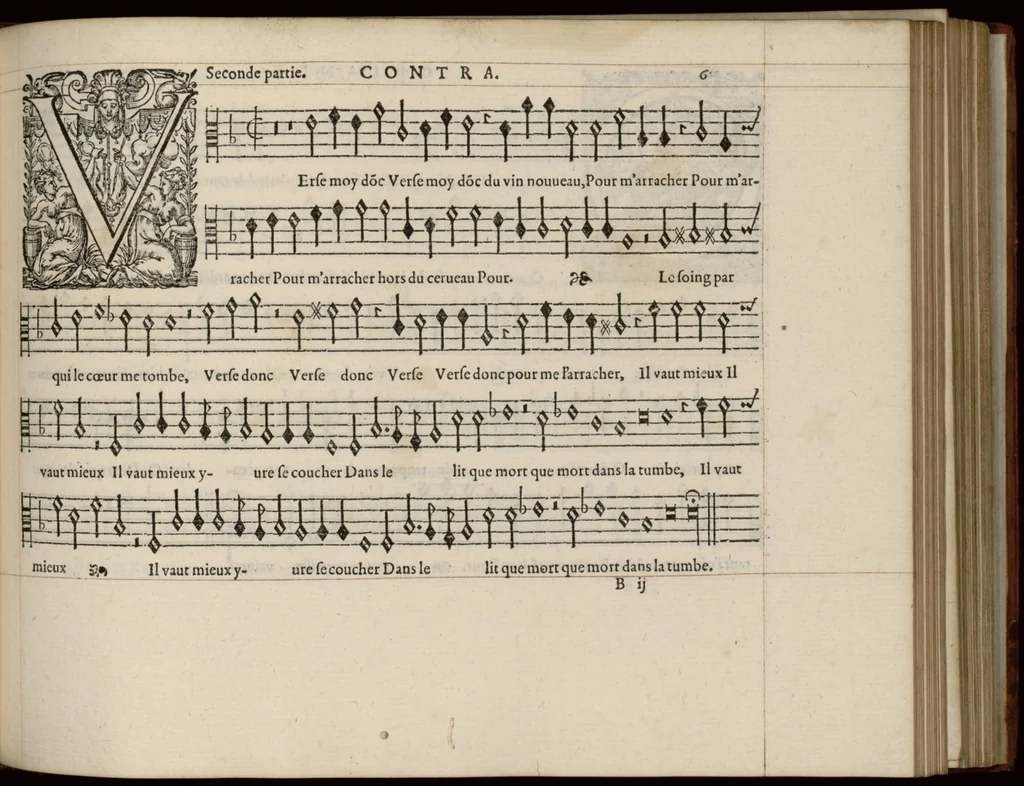 An illustration from Contra. Livre de chansons a cinc parties : avec deux dialogues : a huit. D'Orlande de Lassus., 1581, leaf 18
