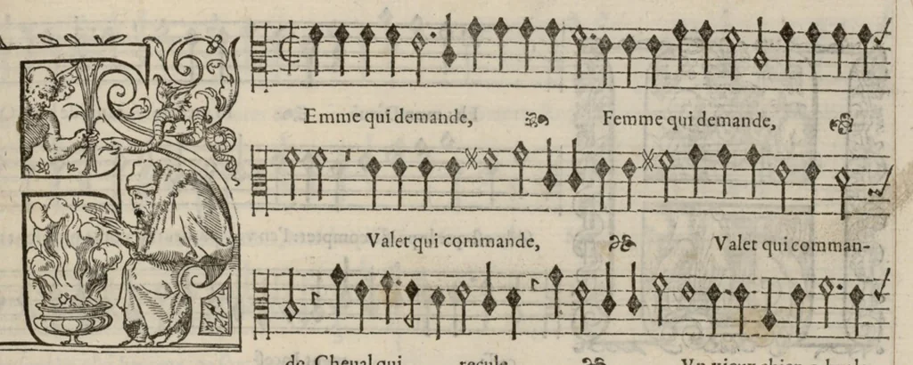 An illustration from Contra. Livre de chansons a cinc parties : avec deux dialogues : a huit. D'Orlande de Lassus., 1581, leaf 24