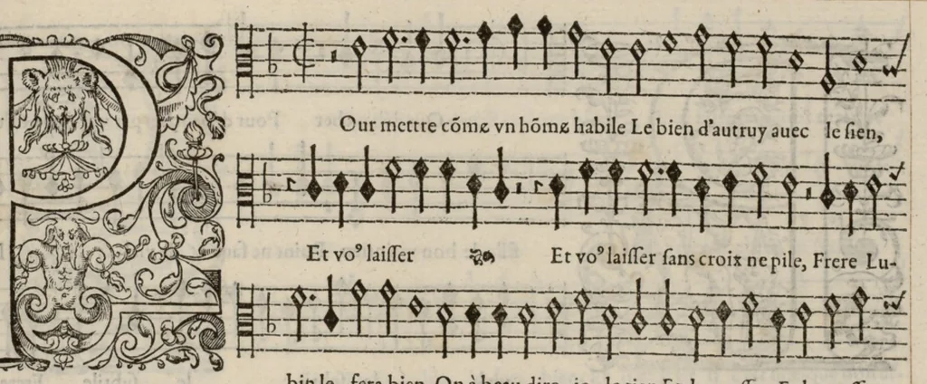 An illustration from Contra. Livre de chansons a cinc parties : avec deux dialogues : a huit. D'Orlande de Lassus., 1581, leaf 32