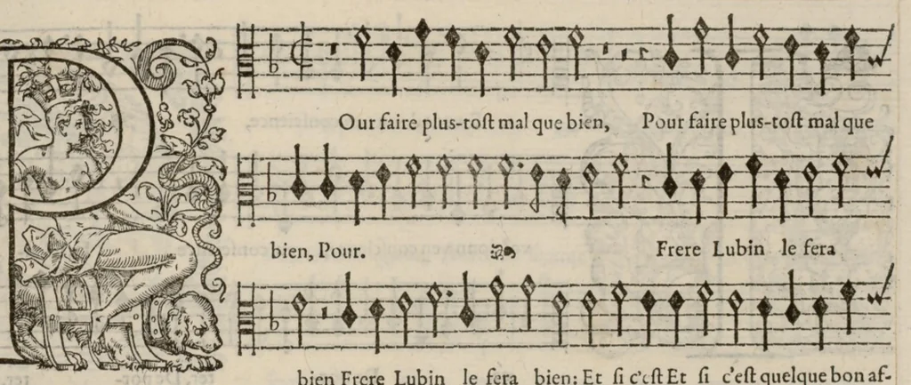An illustration from Contra. Livre de chansons a cinc parties : avec deux dialogues : a huit. D'Orlande de Lassus., 1581, leaf 34