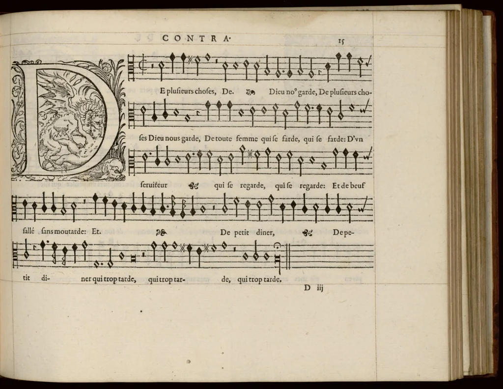 An illustration from Contra. Livre de chansons a cinc parties : avec deux dialogues : a huit. D'Orlande de Lassus., 1581, leaf 36