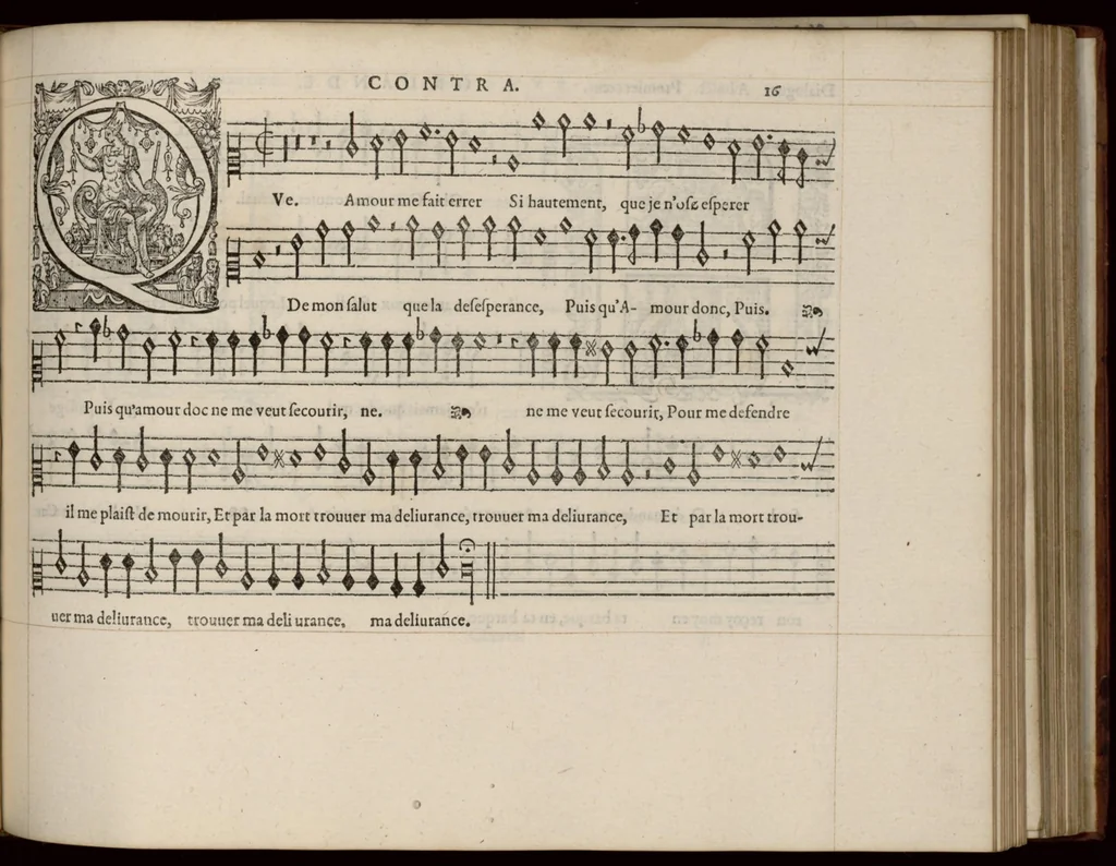 An illustration from Contra. Livre de chansons a cinc parties : avec deux dialogues : a huit. D'Orlande de Lassus., 1581, leaf 38