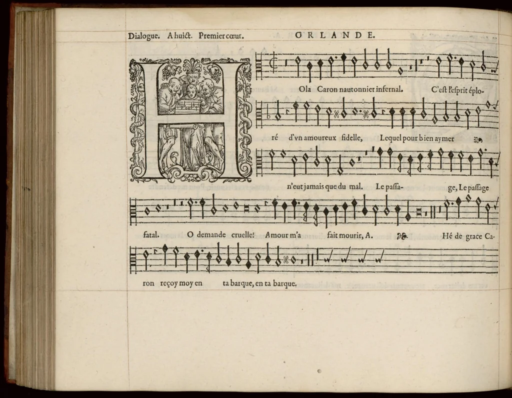 An illustration from Contra. Livre de chansons a cinc parties : avec deux dialogues : a huit. D'Orlande de Lassus., 1581, leaf 39