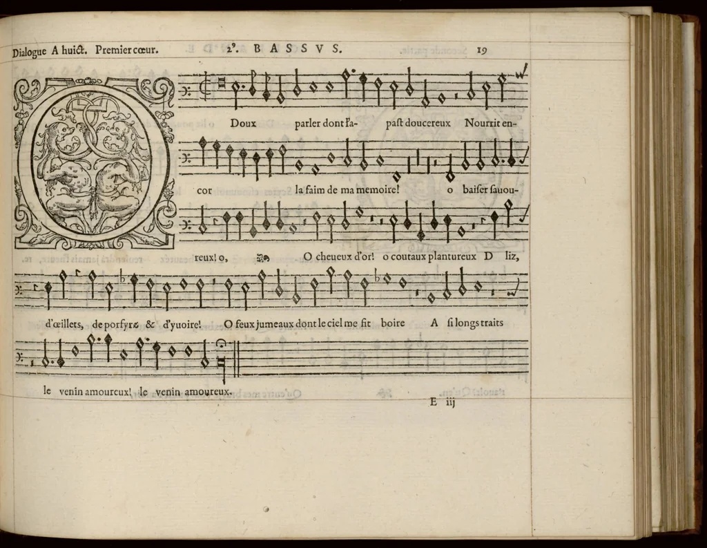 An illustration from Contra. Livre de chansons a cinc parties : avec deux dialogues : a huit. D'Orlande de Lassus., 1581, leaf 44