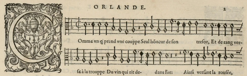 An illustration from Tenor. Livre de chansons a cinc parties : avec deux dialogues : a huit. D'Orlande de Lassus., 1581, leaf 10