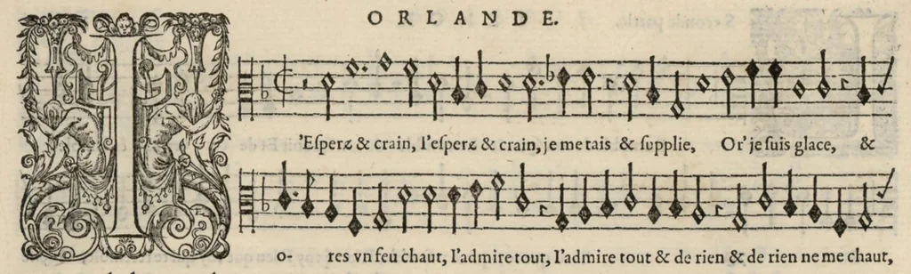 An illustration from Tenor. Livre de chansons a cinc parties : avec deux dialogues : a huit. D'Orlande de Lassus., 1581, leaf 13