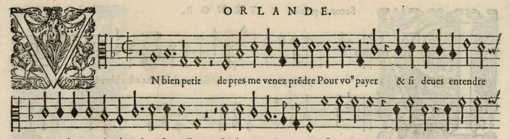 An illustration from Tenor. Livre de chansons a cinc parties : avec deux dialogues : a huit. D'Orlande de Lassus., 1581, leaf 15