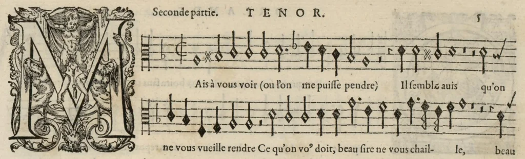 An illustration from Tenor. Livre de chansons a cinc parties : avec deux dialogues : a huit. D'Orlande de Lassus., 1581, leaf 16