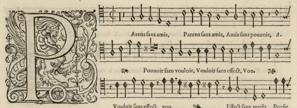 An illustration from Tenor. Livre de chansons a cinc parties : avec deux dialogues : a huit. D'Orlande de Lassus., 1581, leaf 23
