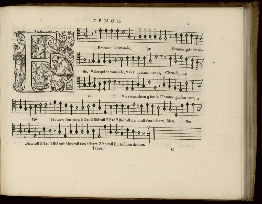 An illustration from Tenor. Livre de chansons a cinc parties : avec deux dialogues : a huit. D'Orlande de Lassus., 1581, leaf 24