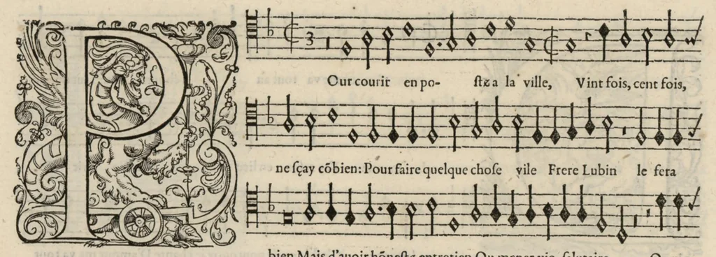 An illustration from Tenor. Livre de chansons a cinc parties : avec deux dialogues : a huit. D'Orlande de Lassus., 1581, leaf 31