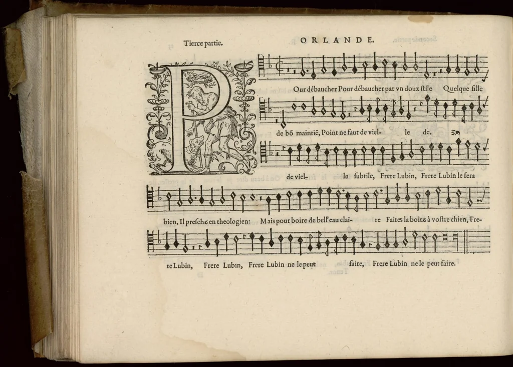 An illustration from Tenor. Livre de chansons a cinc parties : avec deux dialogues : a huit. D'Orlande de Lassus., 1581, leaf 33