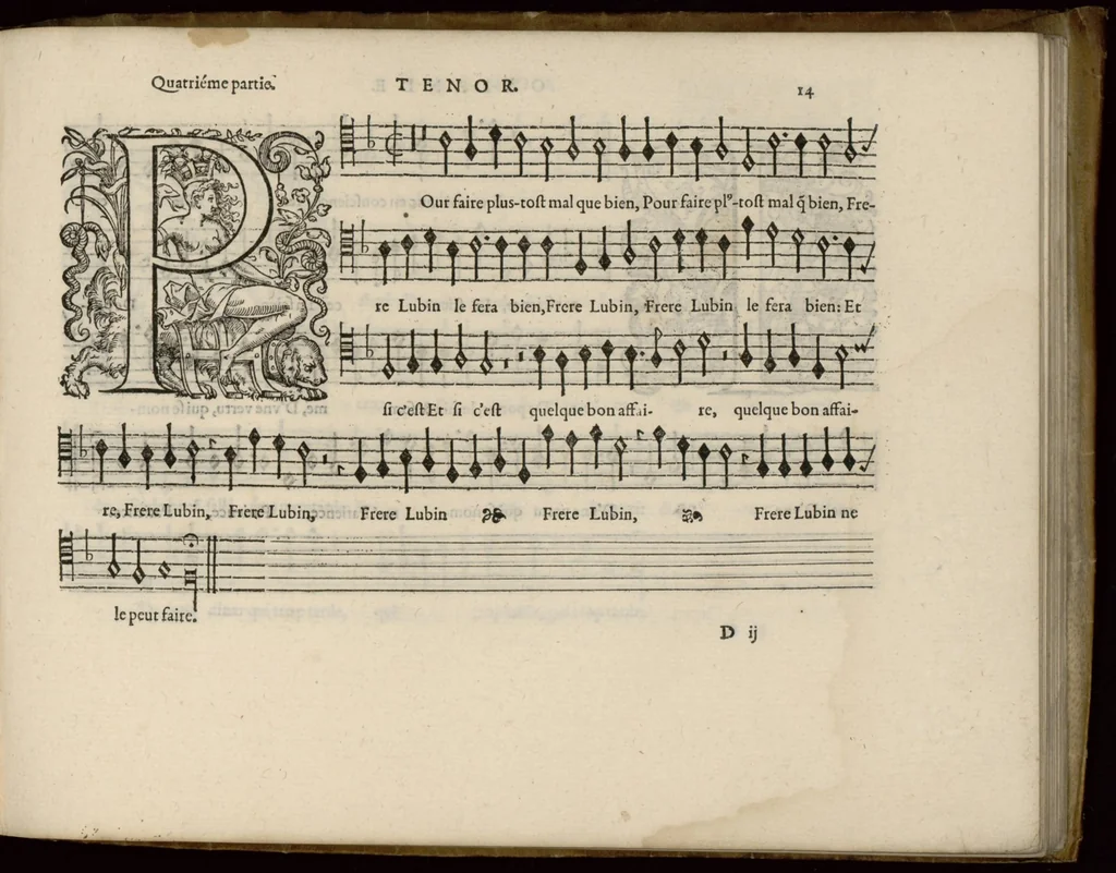 An illustration from Tenor. Livre de chansons a cinc parties : avec deux dialogues : a huit. D'Orlande de Lassus., 1581, leaf 34