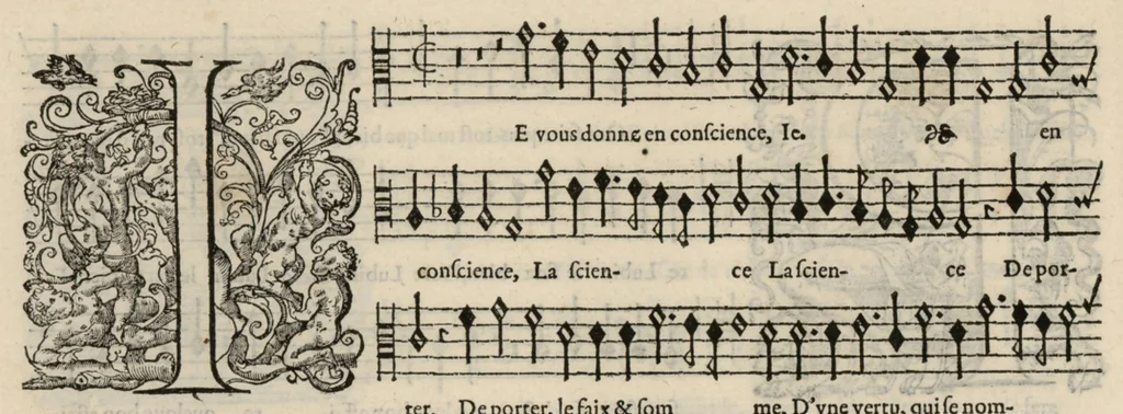 An illustration from Tenor. Livre de chansons a cinc parties : avec deux dialogues : a huit. D'Orlande de Lassus., 1581, leaf 35