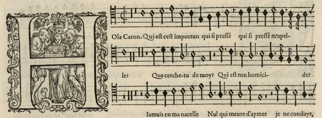 An illustration from Tenor. Livre de chansons a cinc parties : avec deux dialogues : a huit. D'Orlande de Lassus., 1581, leaf 39
