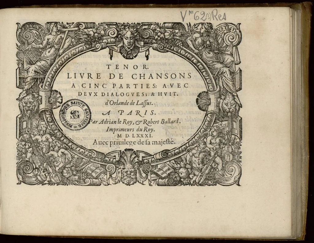 An illustration from Tenor. Livre de chansons a cinc parties : avec deux dialogues : a huit. D'Orlande de Lassus., 1581, leaf 8