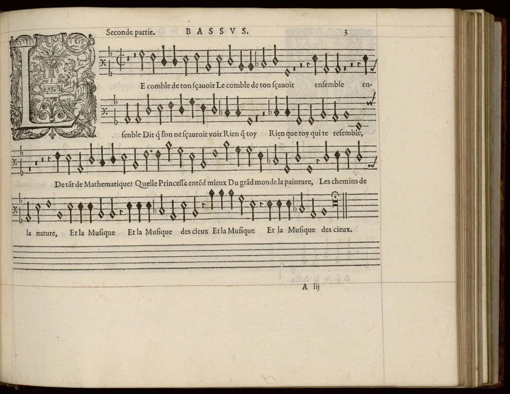 An illustration from Bassus. Livre de chansons a cinc parties : avec deux dialogues : a huit. D'Orlande de Lassus., 1581, leaf 12