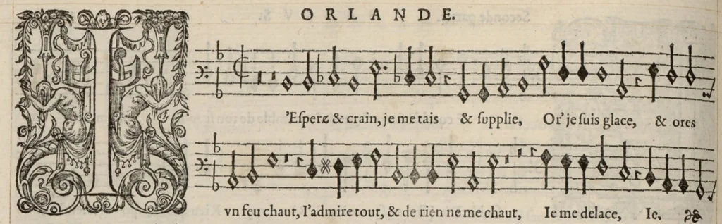 An illustration from Bassus. Livre de chansons a cinc parties : avec deux dialogues : a huit. D'Orlande de Lassus., 1581, leaf 13