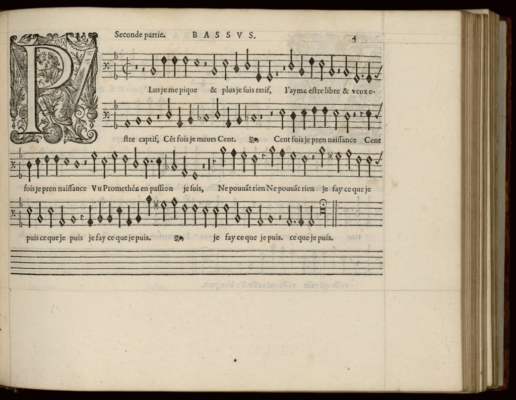 An illustration from Bassus. Livre de chansons a cinc parties : avec deux dialogues : a huit. D'Orlande de Lassus., 1581, leaf 14